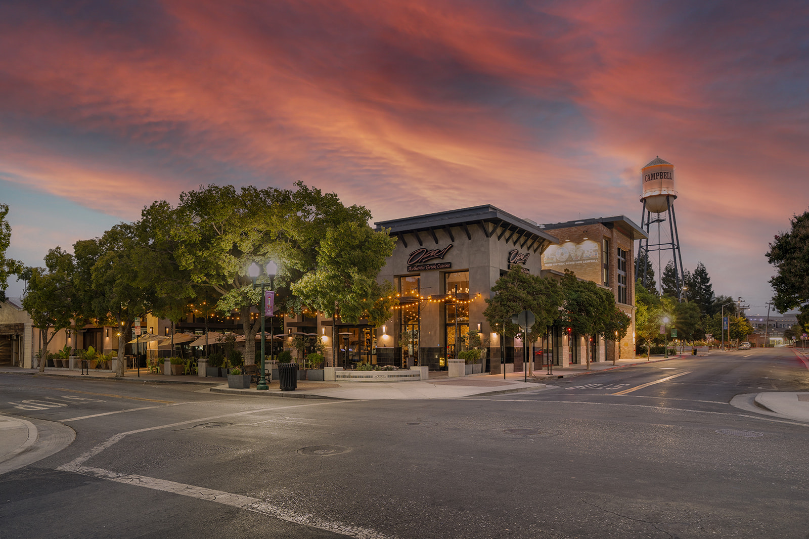Commercial exterior at sunset